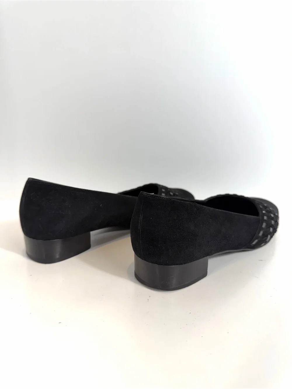 Salvatore Ferragamo Vintage Black Suede Woven Detail Block Heel Pumps 6.5 C